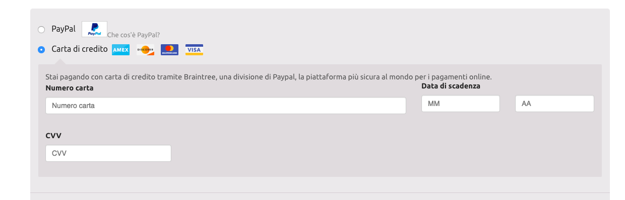 Braintree Metodo di pagamento con carta di credito